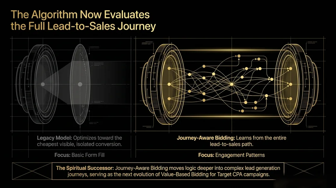Journey-Aware Bidding diagram showing the algorithm evaluating the full lead-to-sales journey instead of optimizing only toward the cheapest visible conversion.