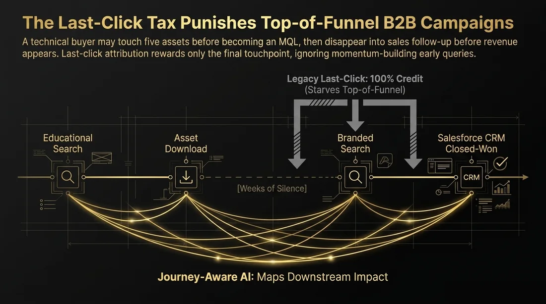 Journey map showing the last-click tax where educational search and asset downloads influence a buyer, but a later branded search receives the conversion credit.