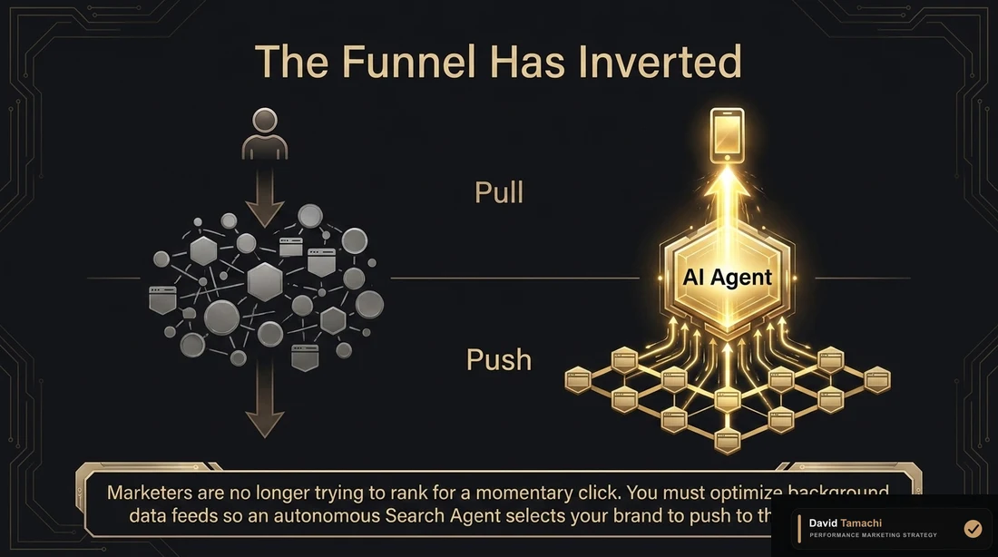 Funnel inversion diagram showing traditional pull discovery shifting toward push recommendations from an AI agent.