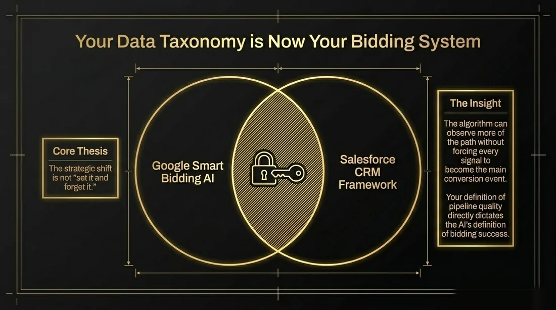 Venn diagram showing Google Smart Bidding AI overlapping with a Salesforce CRM framework, with data taxonomy becoming part of the bidding system.