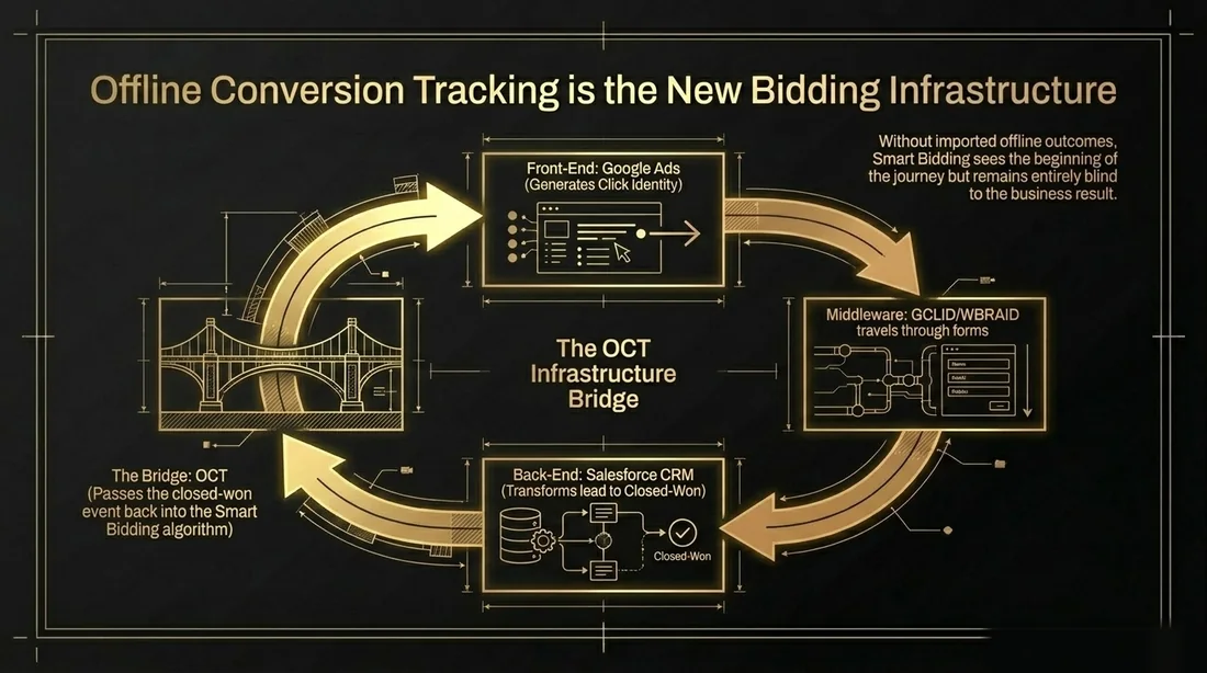 Offline Conversion Tracking infrastructure diagram showing Google Ads click identity moving through front-end forms, CRM stages, and back into Smart Bidding as qualified sales outcomes.
