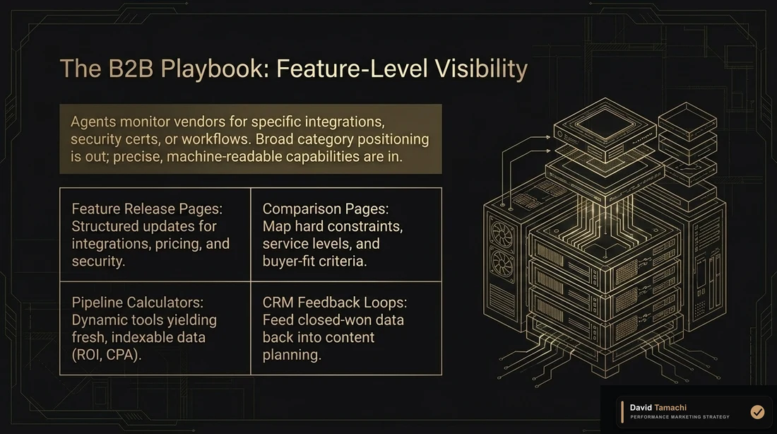 B2B playbook slide showing feature release pages, comparison pages, pipeline calculators, and CRM feedback loops for feature-level visibility.