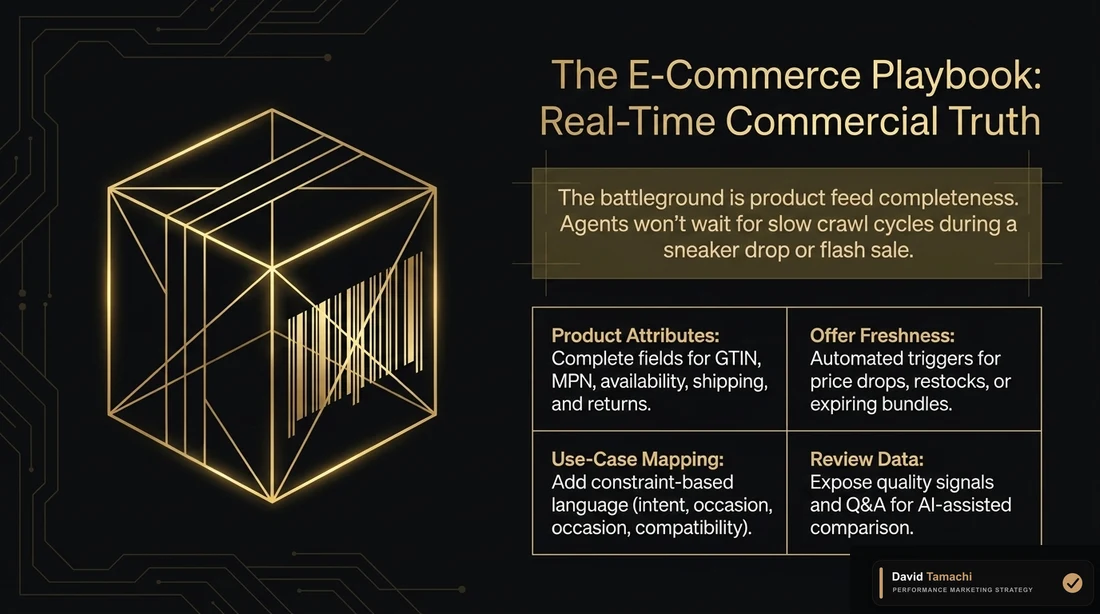 E-commerce playbook slide showing product attributes, offer freshness, use-case mapping, and review data as real-time commercial truth for search agents.