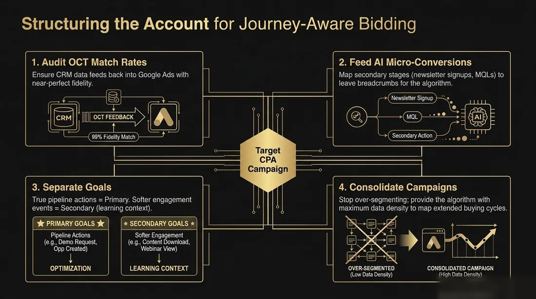 Account structure diagram for Journey-Aware Bidding showing OCT match rate audits, AI micro-conversions, separate primary and secondary goals, and campaign consolidation around a Target CPA campaign.