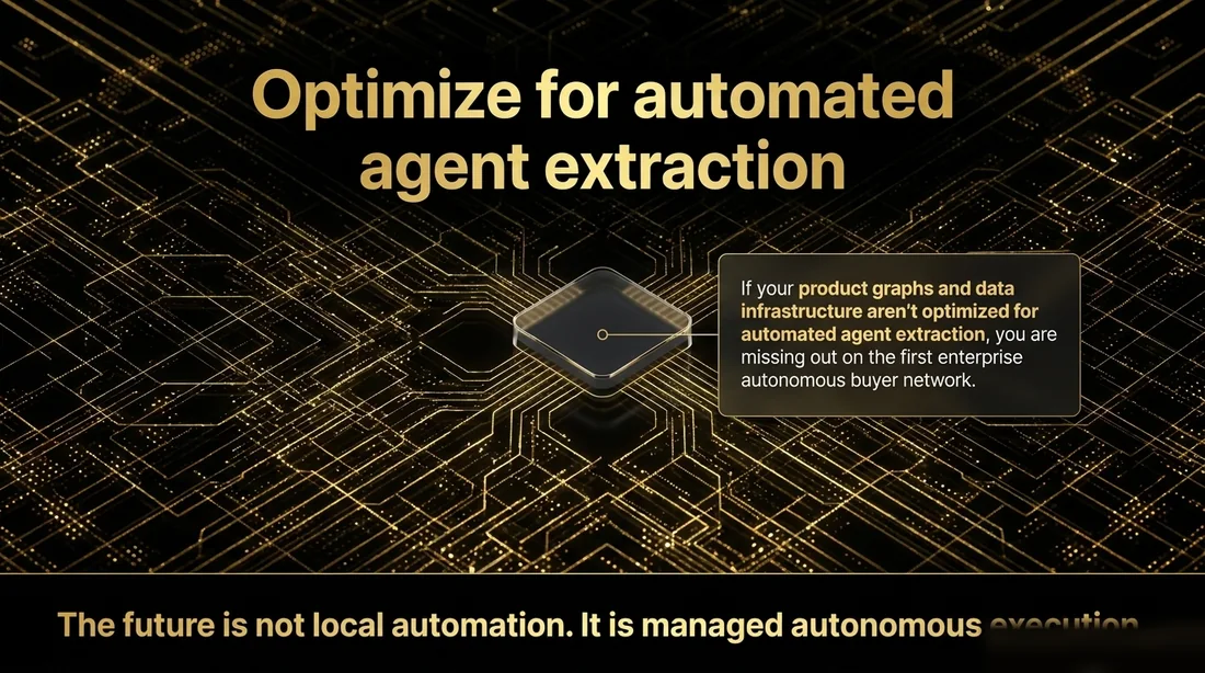 Futuristic grid graphic about optimizing product graphs and infrastructure for automated agent extraction, positioning managed autonomous execution as the next web layer.