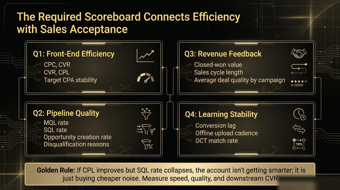 Journey-Aware Bidding scoreboard connecting front-end efficiency, pipeline quality, revenue feedback, and learning stability with sales acceptance.