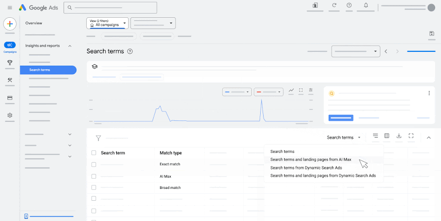 Google Ads Search terms report with the AI Max match type and Search terms and landing pages from AI Max view available in the report menu