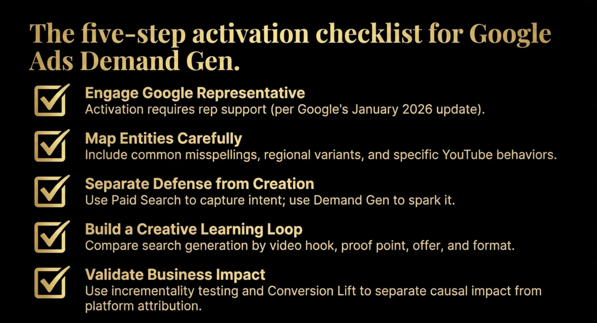 Five-step activation checklist for Google Ads Demand Gen Attributed Branded Searches.