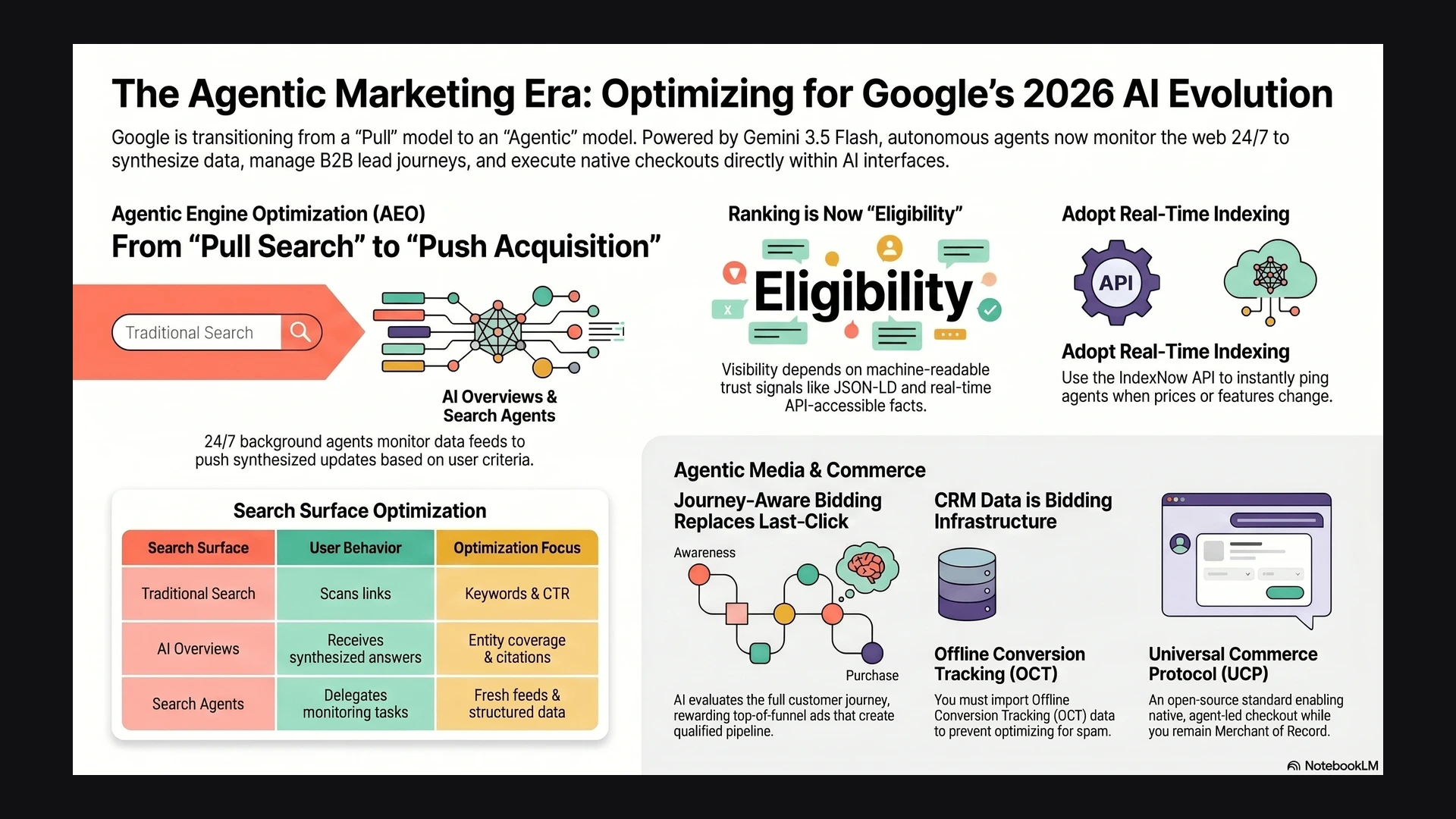 Agentic marketing era infographic showing pull search, push acquisition, eligibility, real-time indexing, Journey-Aware Bidding, CRM data, and Universal Commerce Protocol