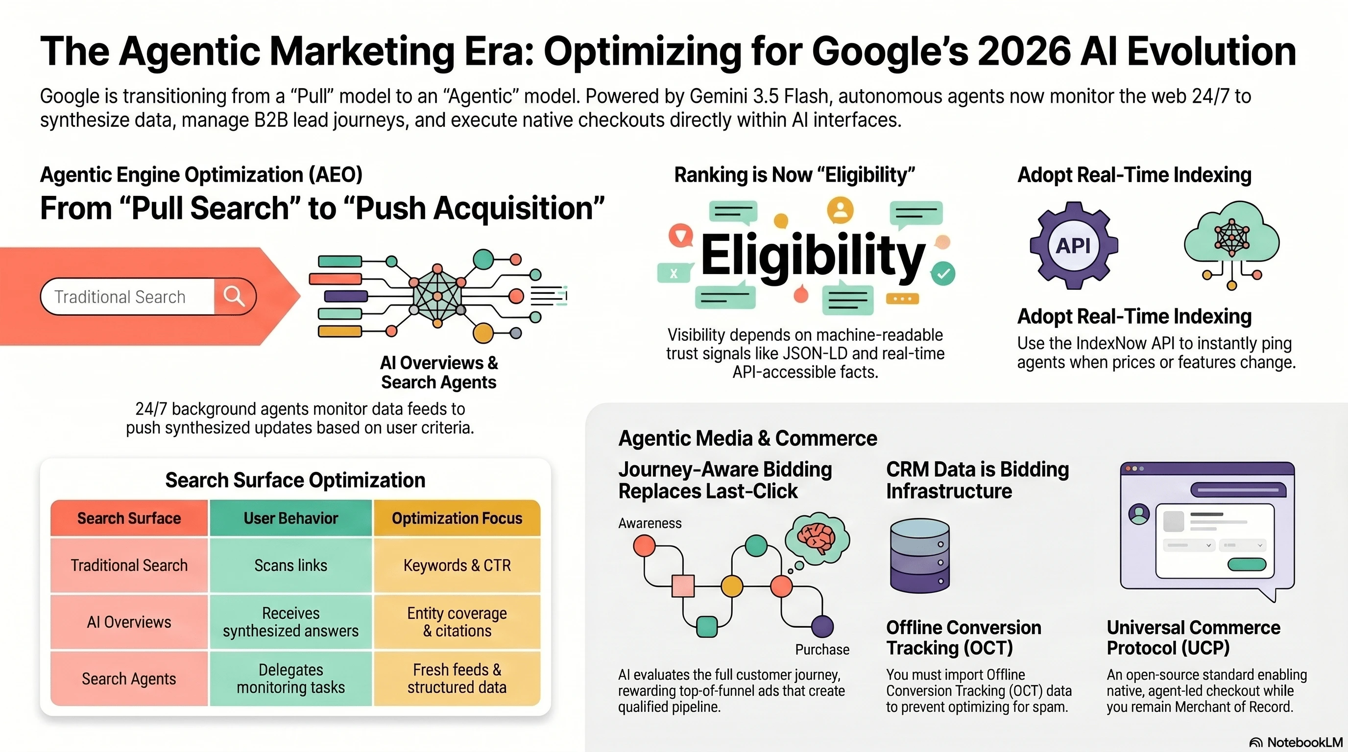 Agentic marketing era infographic showing pull search, push acquisition, eligibility, real-time indexing, Journey-Aware Bidding, CRM data, and Universal Commerce Protocol