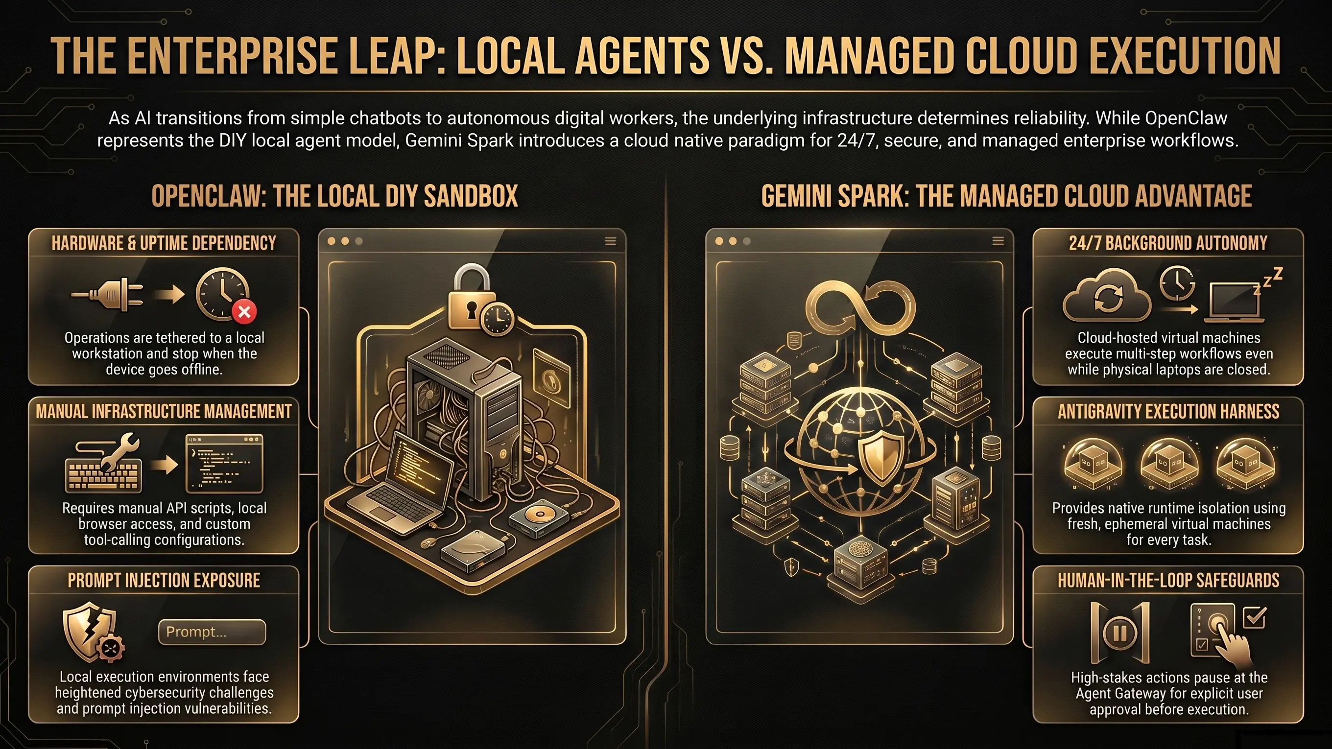Gemini Spark infographic comparing OpenClaw local agents with managed cloud execution, 24/7 background autonomy, Antigravity execution harness, and human-in-the-loop safeguards