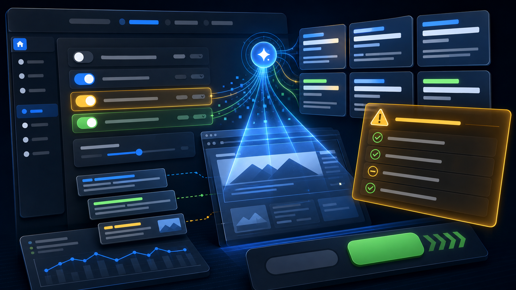 Google Ads automation settings control panel with AI-generated ad copy cards, landing page scan beams, campaign toggles, and a launch QA checklist