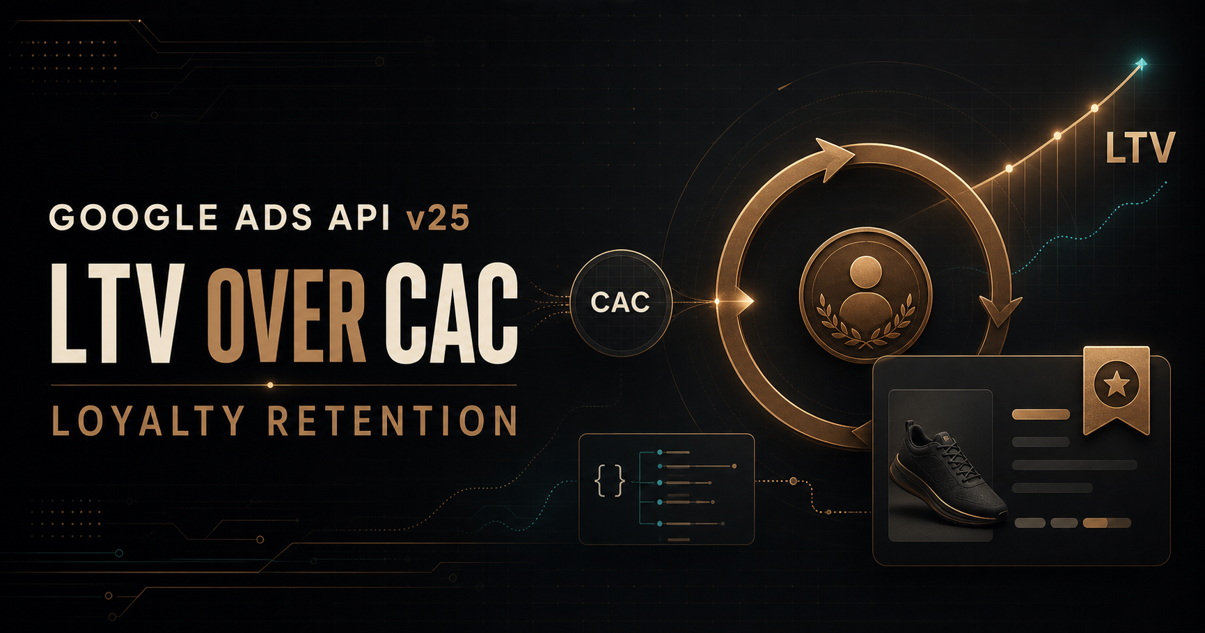 Google Ads API v25 editorial cover showing LTV over CAC, loyalty retention, lifecycle data and a member Product Listing Ad