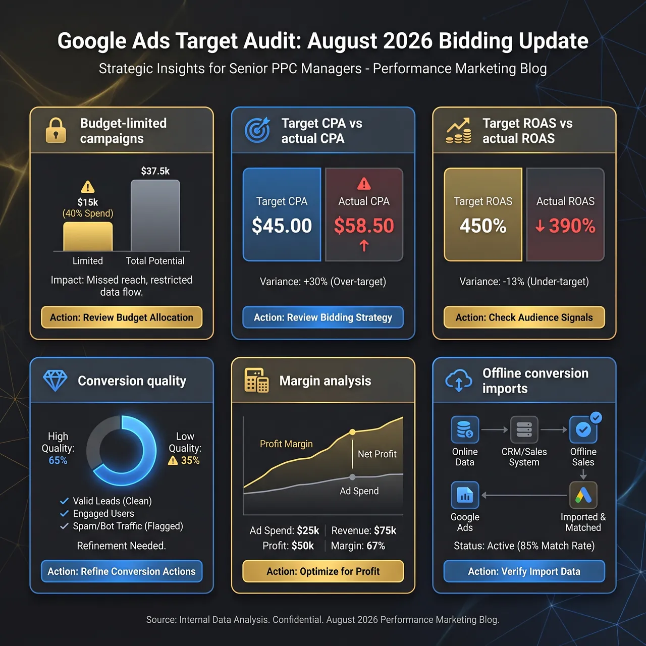Bid Target Adjustment Tool audit checklist for CPA, ROAS, conversion quality, margin and offline conversions
