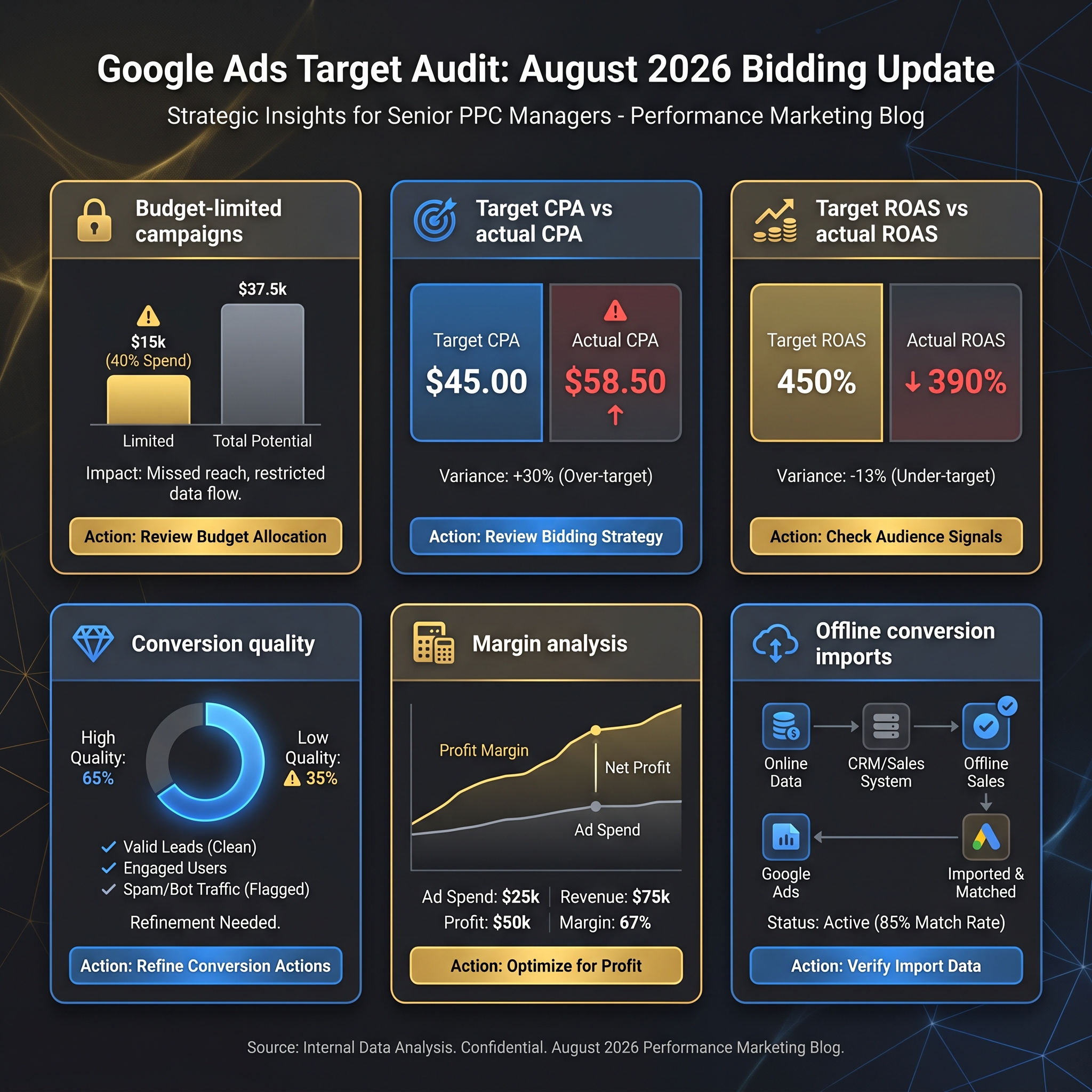Google Ads PPC audit checklist showing budget-limited campaigns, Target CPA settings, Target ROAS settings, actual CPA, actual ROAS, conversion quality, margin analysis, and offline conversions