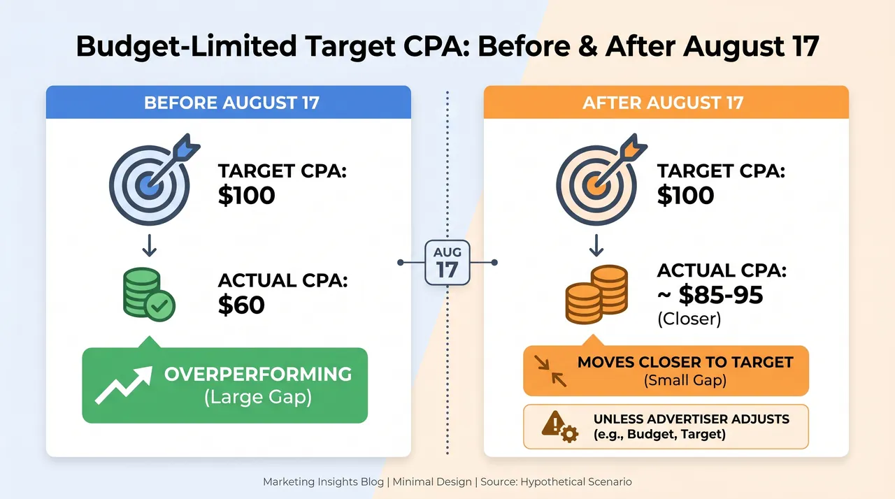 Before and after infographic showing Target CPA drift for a budget-limited Google Ads campaign after August 17, 2026