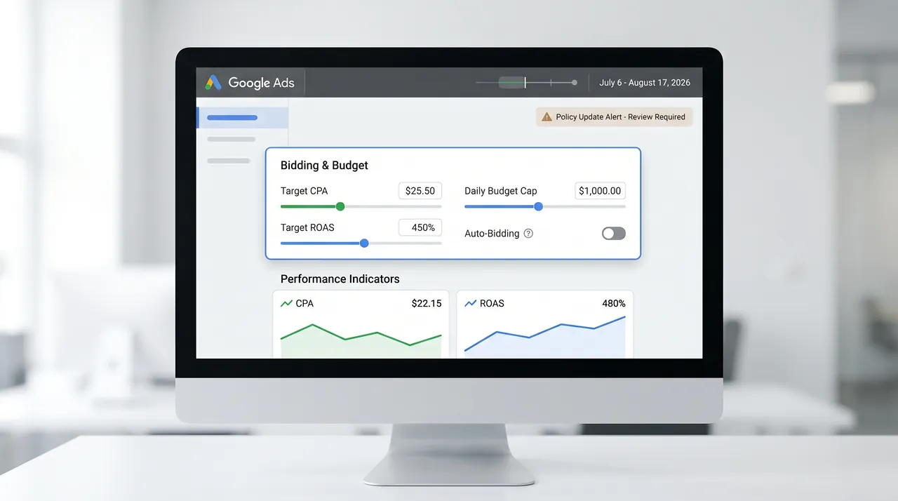 Google Ads bidding and budget dashboard illustration showing Target CPA, Target ROAS, and the July 6 to August 17, 2026 review window