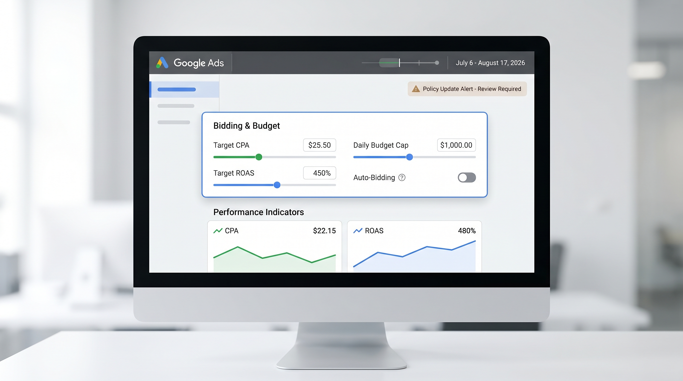 Google Ads bidding and budget dashboard illustration showing Target CPA, Target ROAS, and the July 6 to August 17, 2026 review window