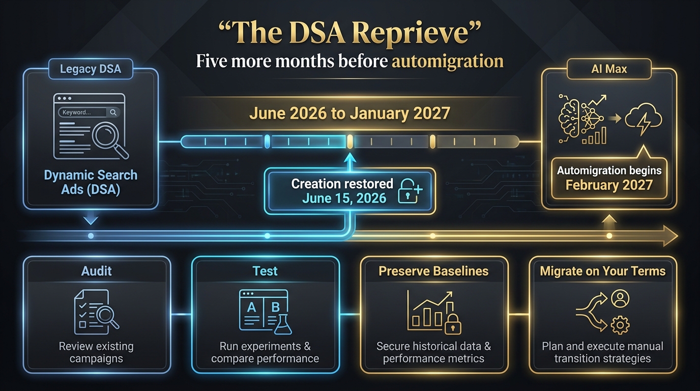 Editorial infographic showing the DSA reprieve timeline, the June 15, 2026 creation-restored milestone, the February 2027 AI Max migration, and four action items to audit, test, preserve baselines, and migrate on your terms