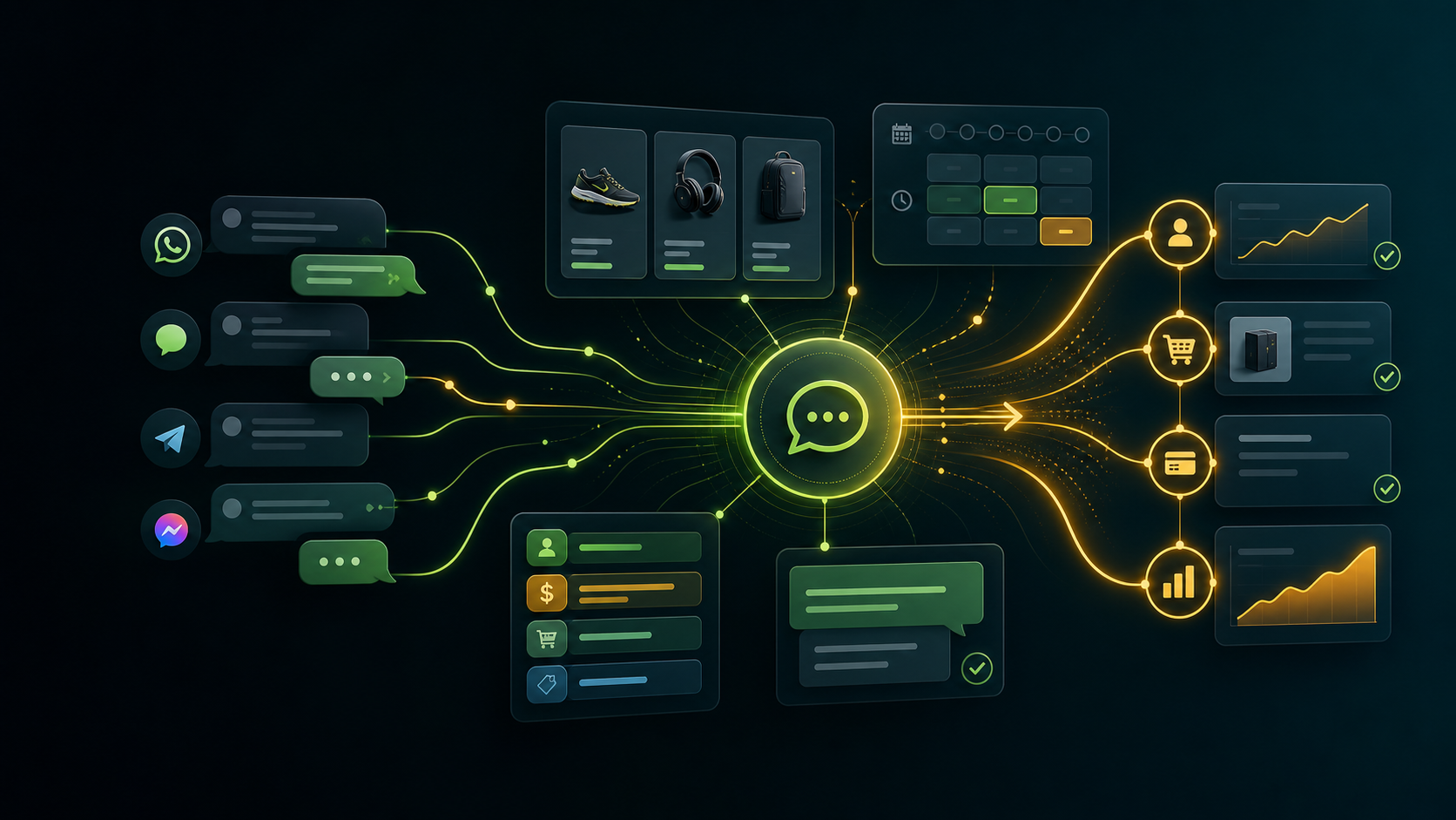 AI business agent commerce dashboard showing chat threads, catalog cards, lead qualification signals, appointment slots, and conversion paths converging into one sales workflow