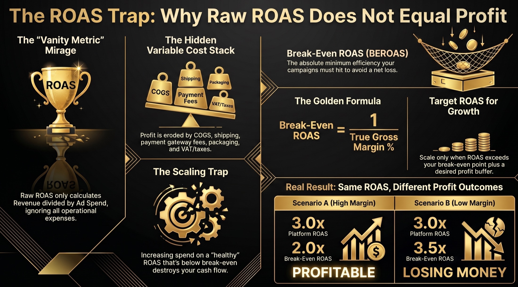 Infographic explaining why raw ROAS does not equal profit, showing variable costs, break-even ROAS, target ROAS, and two scenarios where the same platform ROAS can be profitable or lose money.