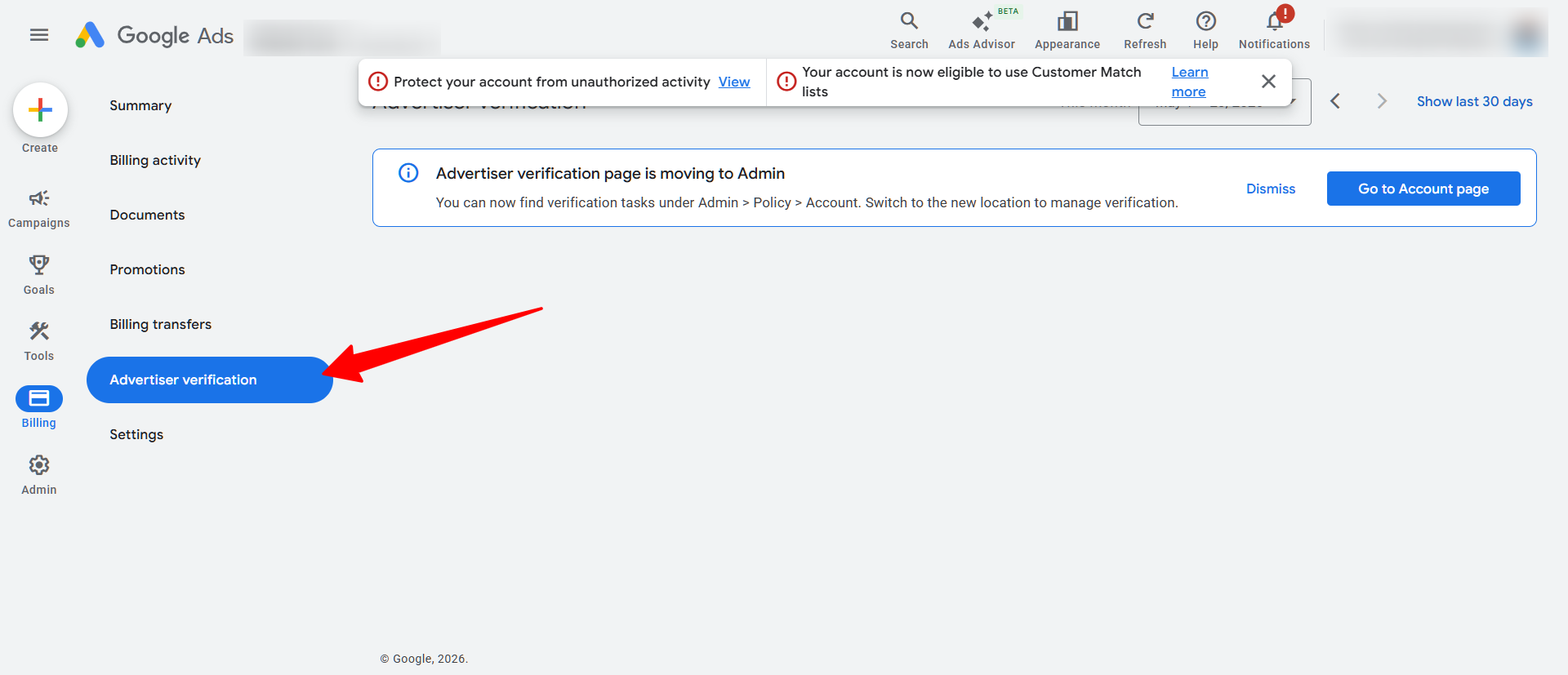 Google Ads relocation notice showing Advertiser verification tasks under Admin, Policy, Account