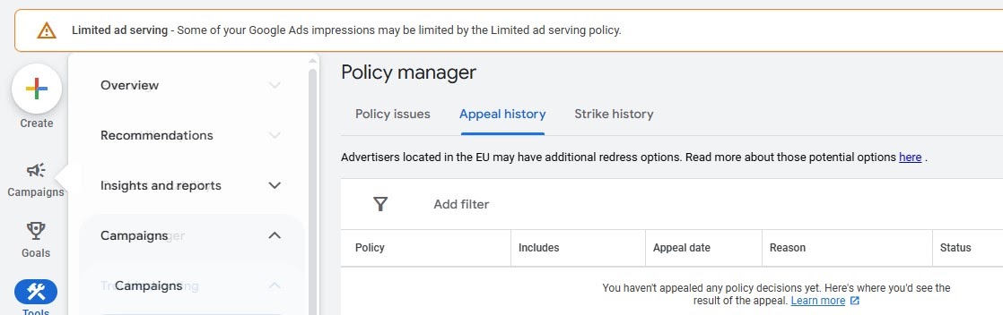 Google Ads notification banner indicating Limited Ad Serving impression limits applied to account