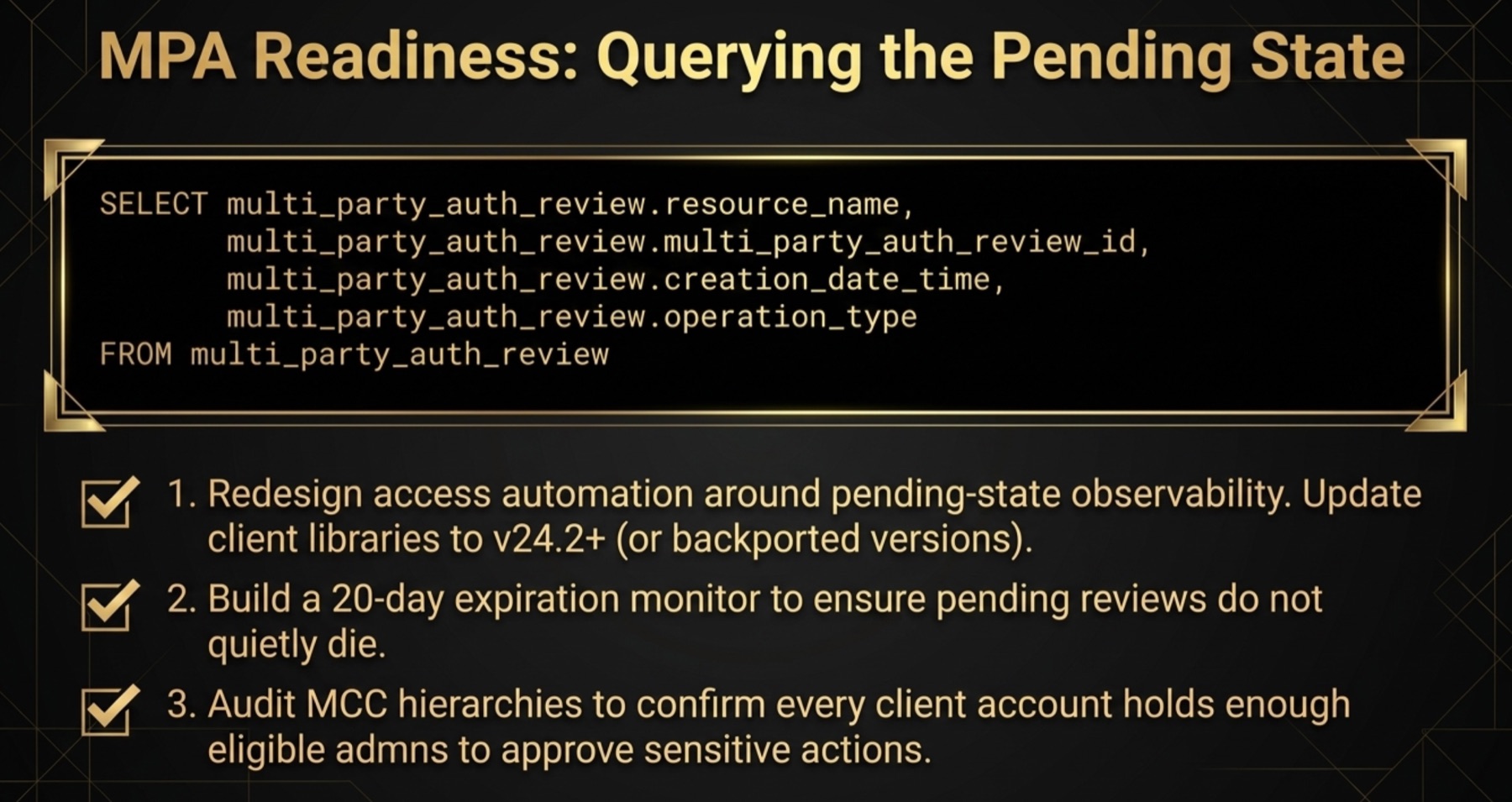 Infographic showing GAQL query for Multi-Party Approval pending states