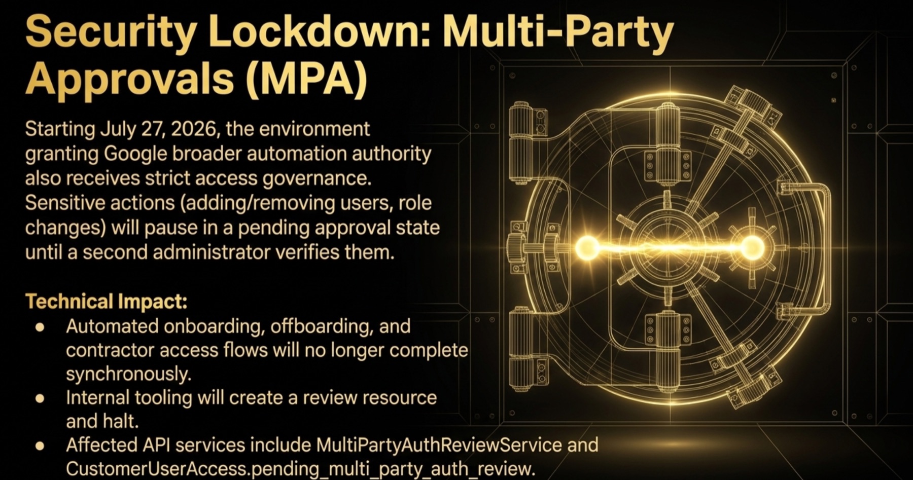Infographic showing Multi-Party Approvals and sensitive account changes pausing in a pending state