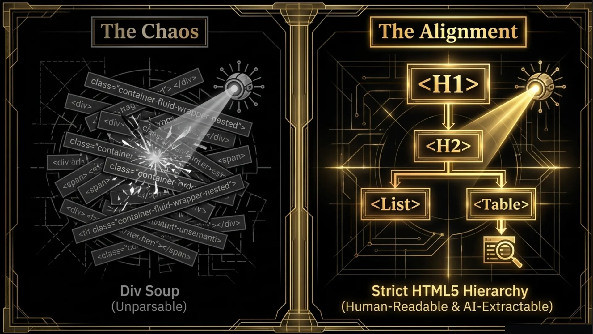 Slide comparing unparseable div soup with strict HTML5 hierarchy