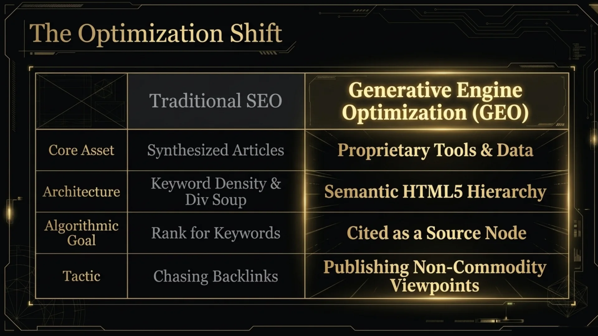 Optimization shift slide comparing traditional SEO with generative engine optimization