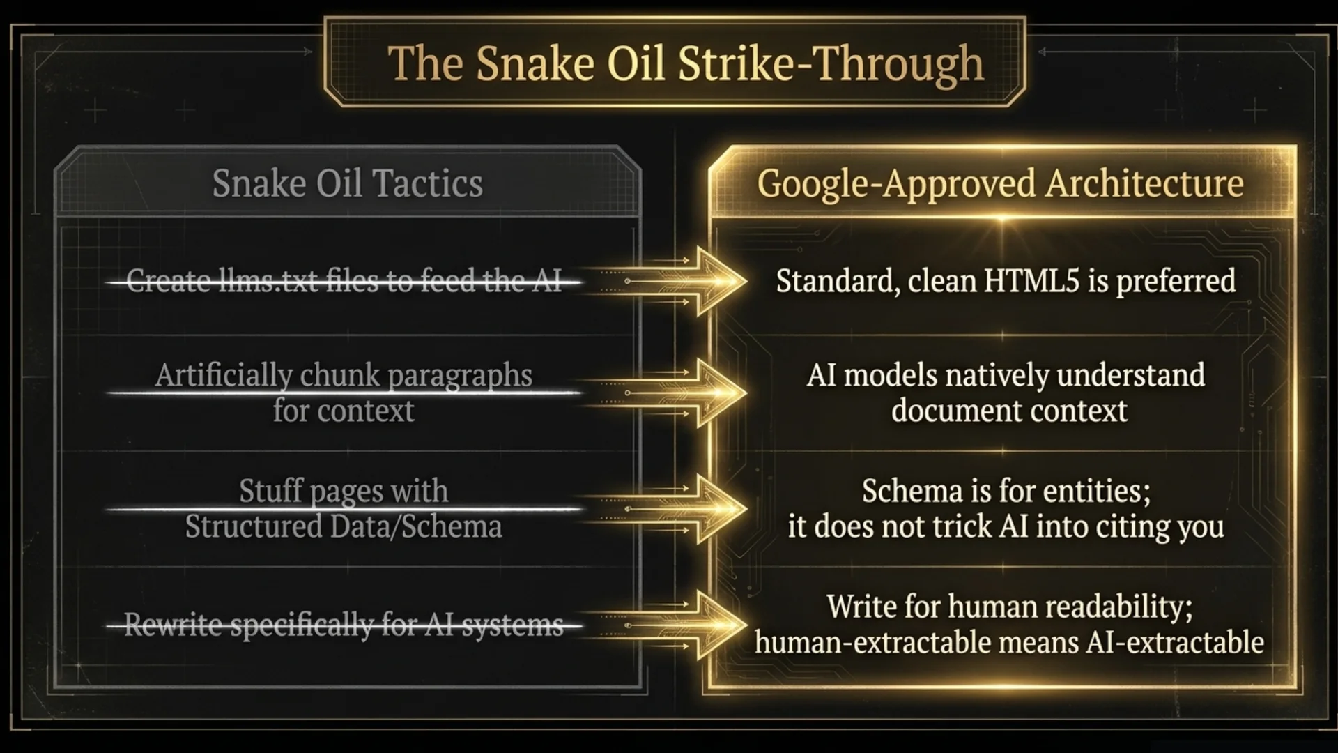 Snake oil strike-through slide contrasting AI SEO tactics with Google-approved architecture
