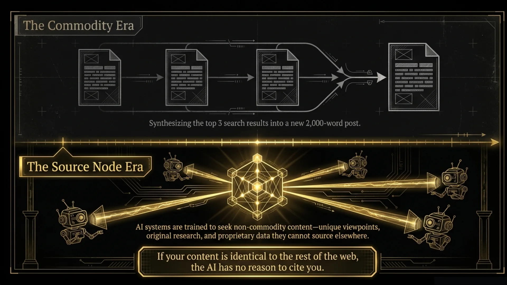 Source node era slide showing AI systems seeking unique viewpoints, original research, and proprietary data