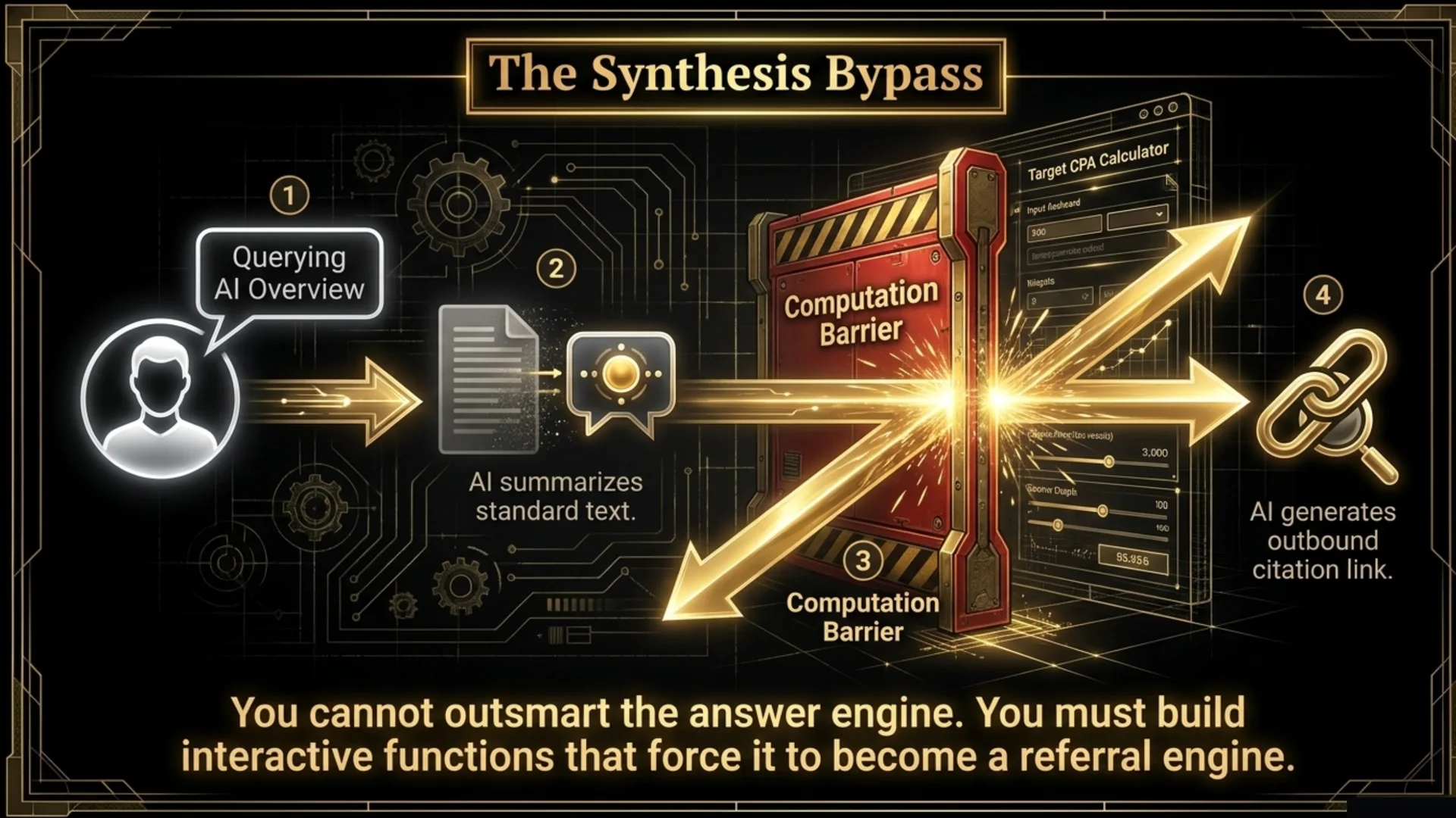 Synthesis bypass slide showing interactive tools creating outbound citation links from AI answers