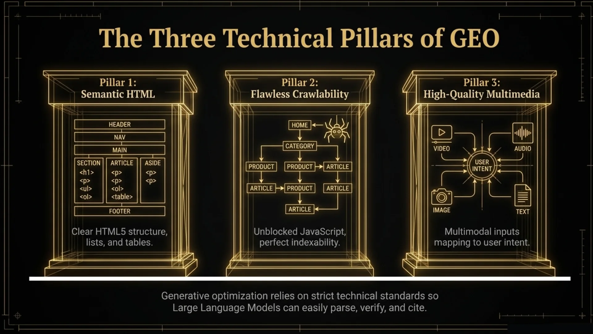 Three technical pillars of GEO: semantic HTML, flawless crawlability, and high-quality multimedia