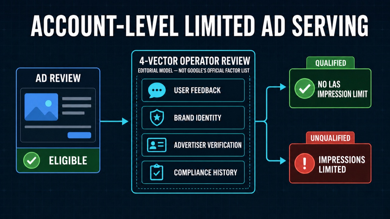 Editorial four-vector operator model showing an eligible ad entering a Limited Ad Serving review and emerging with or without policy-specific impression limits