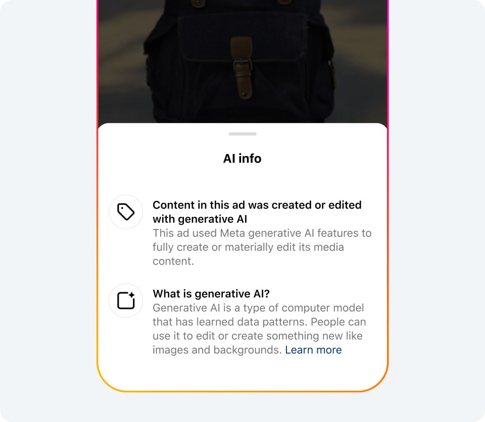 Official Meta AI info panel explaining that an advertisement was created or materially edited with generative AI