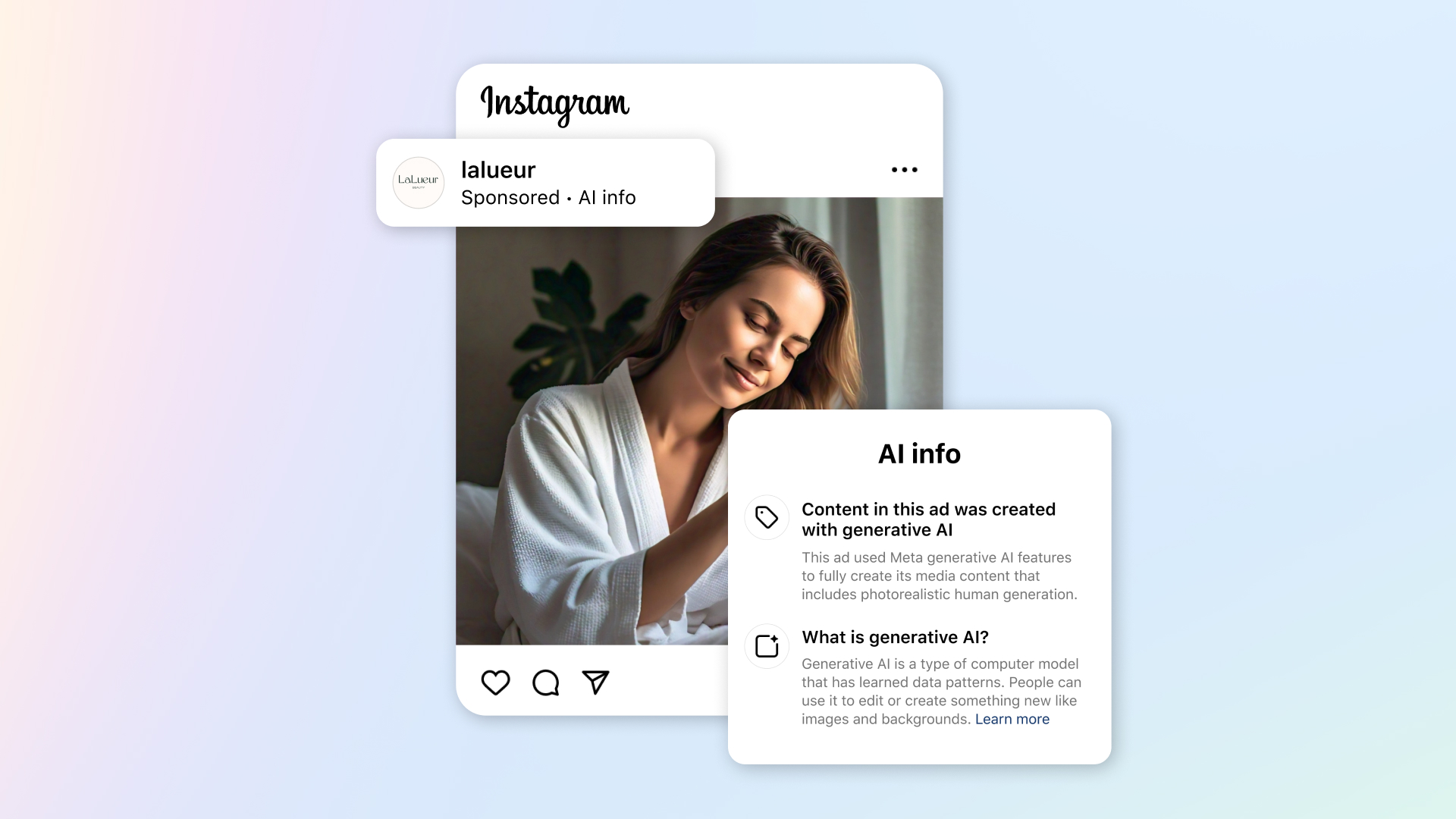 Official Meta illustration showing AI info beside Sponsored on an Instagram ad featuring a generated photorealistic person