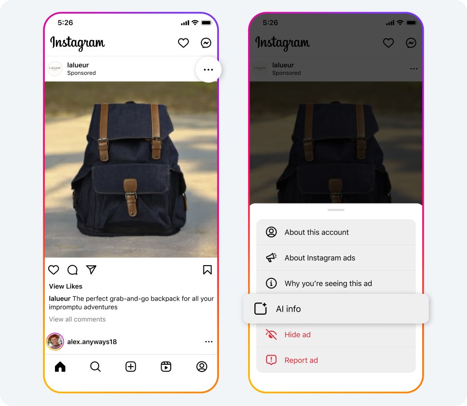 Official Meta illustration showing the three-dot ad menu and AI info entry for a generated backpack advertisement