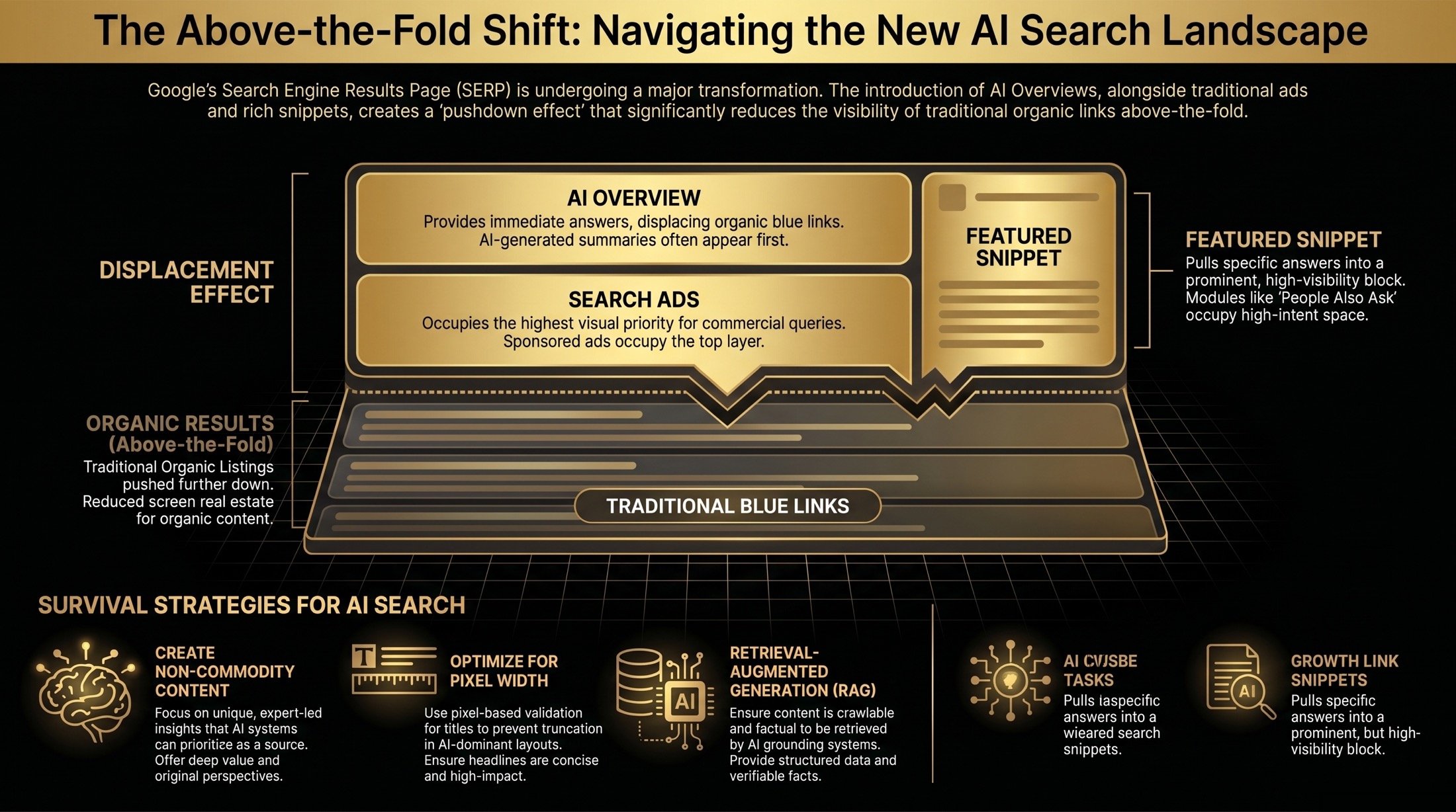 Diagram showing AI Overviews, search ads, featured snippets, and blue links pushing organic results lower on the SERP
